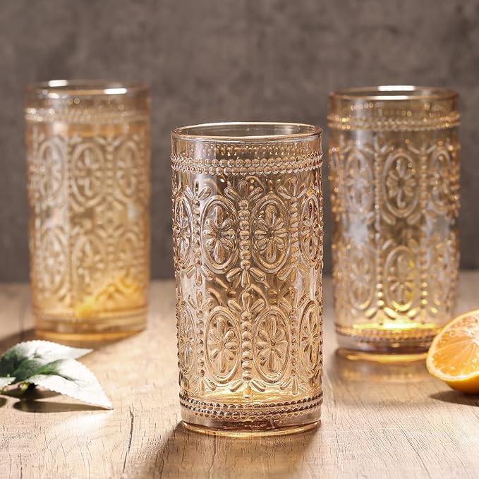 Darlion 6 Pack Highball Beverage Glass Cup, 12oz Amber Glassware Drinking, Vintage Embossed Drinking Glasses, Old Fashioned Glass for Party Wedding Home Office and Gift