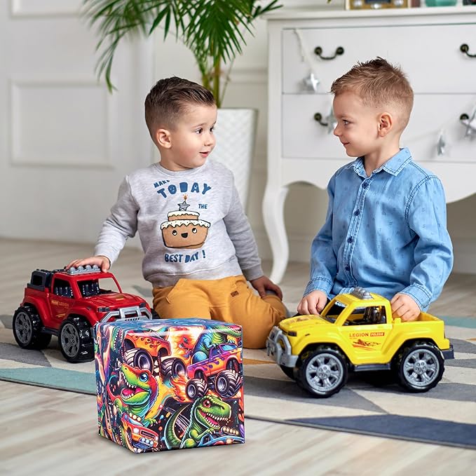 Altarho Reversible Monster Truck Wrapping Paper Roll For Kids Boys Dinosaur Racing Car and Lava Gift Wrap Sheets for Volcano Halloween Baby Shower Birthday Party Decoration Total 28.5sq.ft