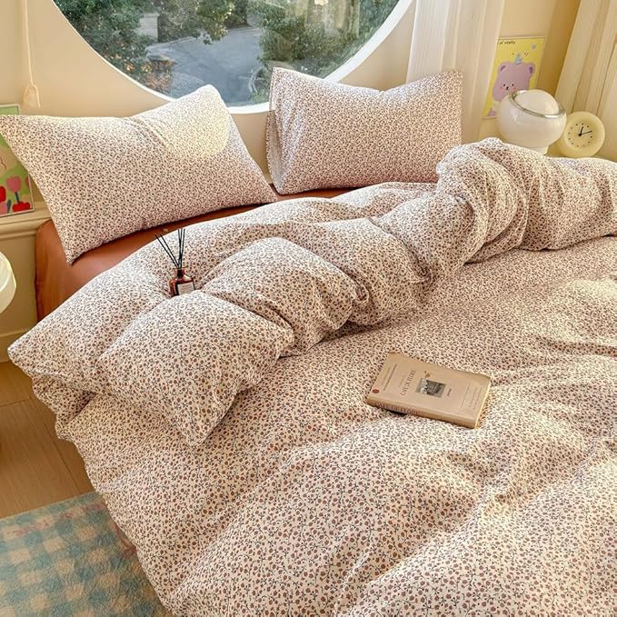 EAVD Chic Garden Small Floral Duvet Cover Queen Soft 100% Muslin Cotton Feel Gauze Vintage Floral Bedding Set with 2 Pillowcases Cottagecore Botanical Print Duvet Cover with Zipper Closure