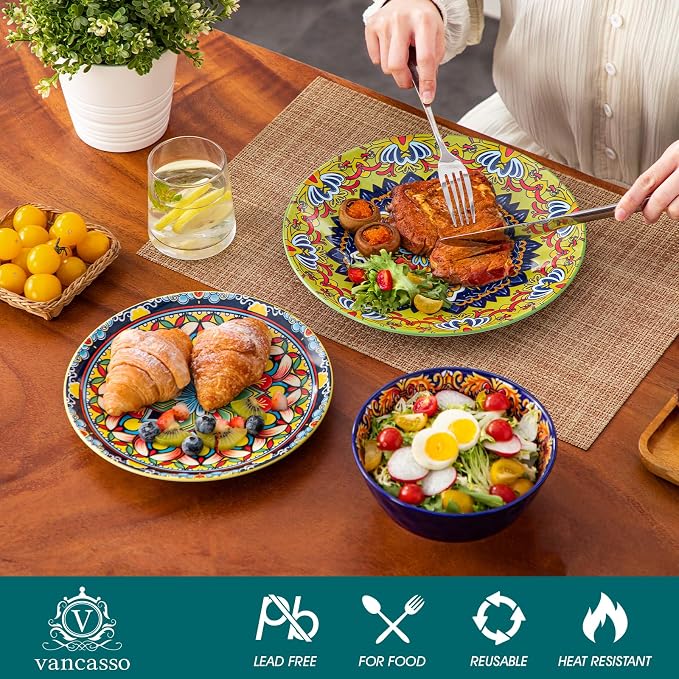 vancasso 18 Pieces Plates and Bowls Set, Bohemian Style Dinnerware Sets Service for 6, Porcelain Boho Dishes Set for Kitchen, Housewaring Gift, Dishwasher and Microwave Safe, Series KRVI