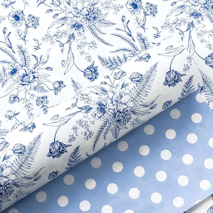 Yarcony Blue Floral Wrapping Paper Roll, Blue and White Wrapping Paper, Elegant Vintage Toile Flower Garden Gift Wrap for Upscale Gifts, Wedding, Birthday, Baby Shower, Mother's Day (17 In X 16.5 Ft)
