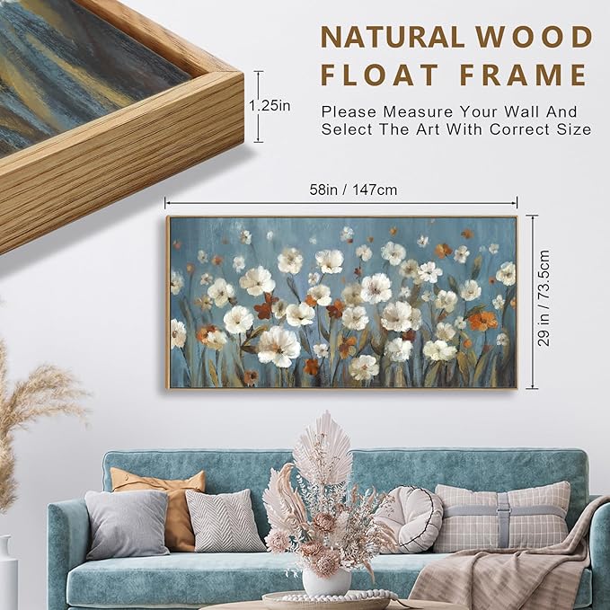 VEAEE Wildflowers Canvas Wall Art, Daisy Flowers Canvas Pictures,Abstract Orange White Floral Blossom Landscape Painting for Living Room Bedroom Kitchen Dining Room Home Office Decor 29"x58"