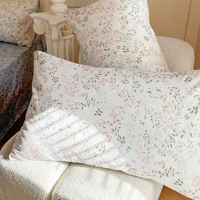 EAVD Garden Style Botanical Duvet Cover King Soft Cotton Chic Shabby Floral Leaves Pattern Bedding Set with 2 Pillowcases Fresh Vibrant Floral Duvet Cover with Zipper Closure