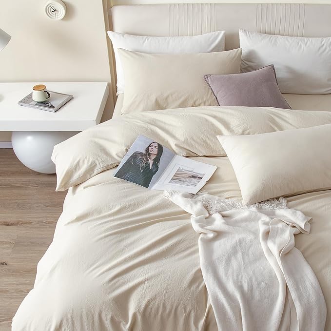 JIYUAN 100% Washed Cotton Duvet Cover Set 3 Pieces Cal King, 1 Duvet Cover 104x98 Inches (Comforter Not Included) and 2 Pillowcases,Linen Feel Bedding Set Comfy and Breathable,Heathered Beige