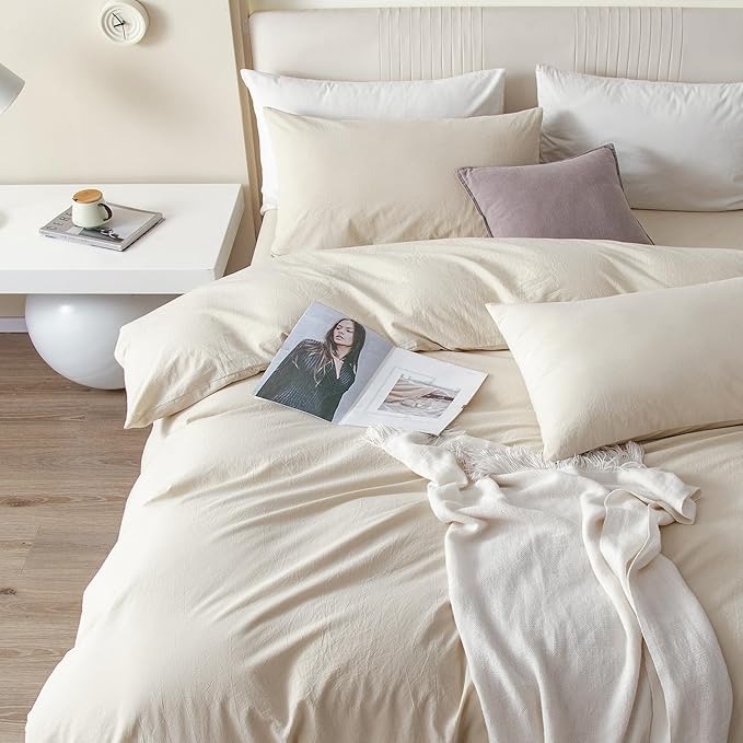 JIYUAN 100% Washed Cotton Duvet Cover Set 2 Pieces Twin, 1 Duvet Cover 68x90 Inches(Comforter Not Included) and 1 Pillowcases,Linen Feel Bedding Set Comfy and Breathable,Heathered Beige