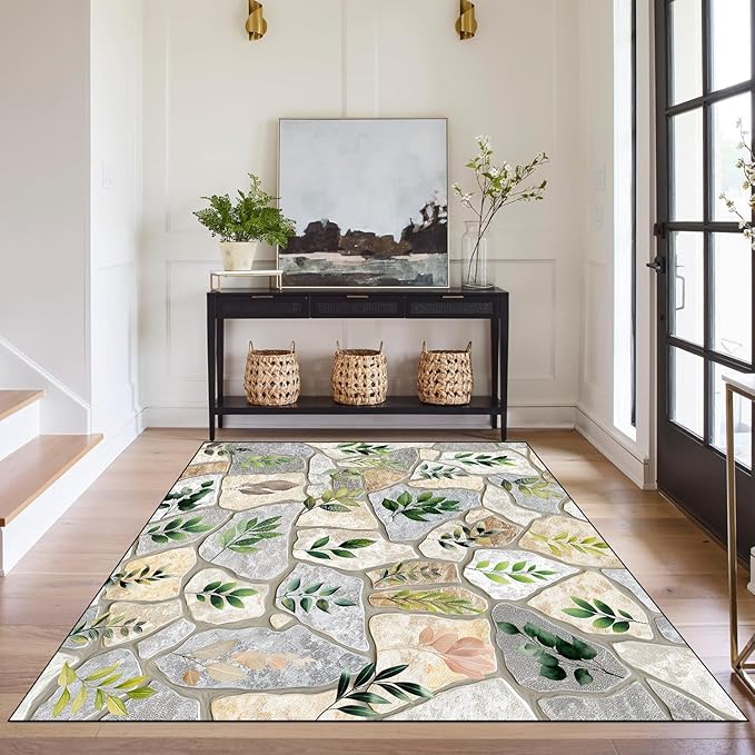 3'x5' Optical Illusion Rug 3D Stone Floor Mat Green Leaf Botanical Area Rug Rustic Nature Washable Carpet for Entryway Bedroom Living Room Kitchen Home Decor