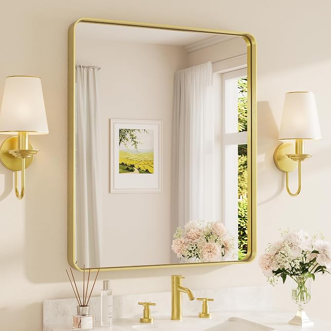 TETOTE 30 x 36 Inch Gold Mirror for Bathroom, Brushed Metal Frame Vanity Mirror, Brass Gold Rectangle Modern Decorative Wall Mirrors for Entryway Shatterproof (Horizontal/Vertical)