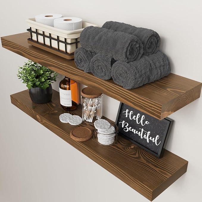 BAOBAB WORKSHOP Wood Floating Shelves for Wall 30 Inches Long, Solid Wooden Bathroom Shelf Large, Heavy Duty Wall Shelf 30 Inch Kitchen Bedroom Rustic Farmhouse, Walnut Shelves, 30W × 6.7D, Set of 2