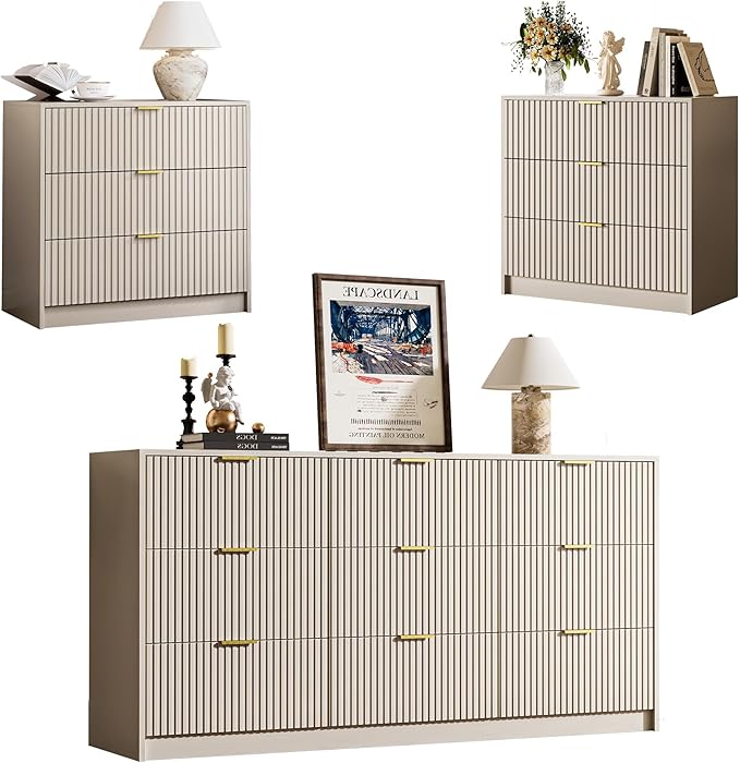 3-Piece Dresser Bedroom Set, 9 Drawer Dresser & 3 Drawer Nightstands with Gold Handles, Fluted Wood Chest of Drawers for Bedroom, Living Room, Entryway, Beige