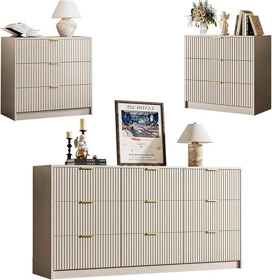3-Piece Dresser Bedroom Set, 9 Drawer Dresser & 3 Drawer Nightstands with Gold Handles, Fluted Wood Chest of Drawers for Bedroom, Living Room, Entryway, Beige