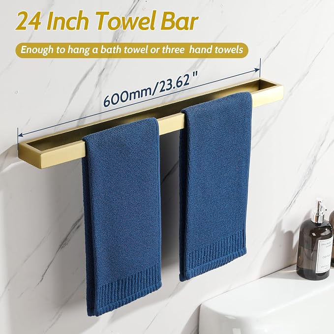 Sayayo Brushed Gold Towel Bar for Bathroom, 24 Inch Hand Towel Holder Wall Mount Square Towel Ring SUS304 Stainless Steel Towel Rack