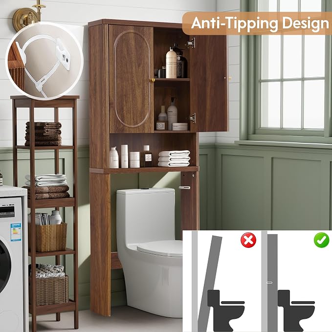 ORRD Fluted Over The Toilet Storage Cabinet, Bathroom Toilet Storage Cabinet with Door, Wood Curved Over The Toilet Space Saver Cabinets for Restroom Bathroom, Walnut