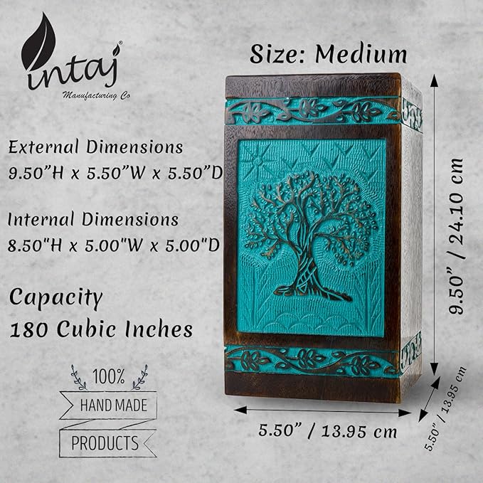 INTAJ Wooden Cremation Urns for Human Ashes - Large 180 lbs, Handcarved Tree of Life Design, Suitable for Men, Women, Mom, Dad - TSA Approved, Decorative Memorial Urn Box, Green
