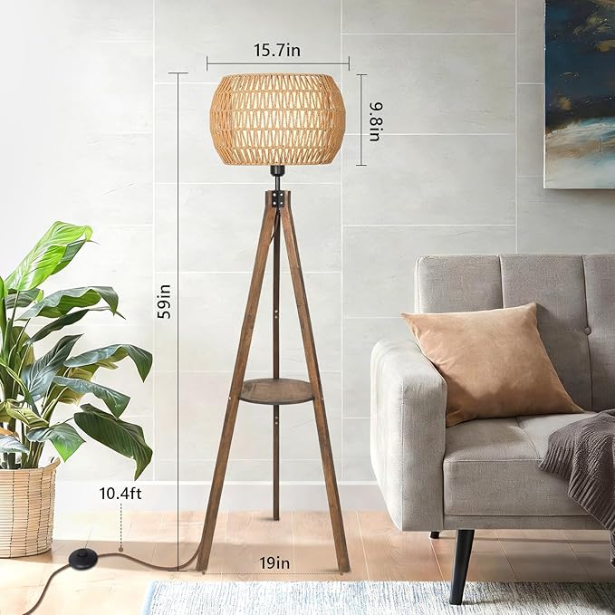 LAMSU Boho Tripod Floor Lamps for Living Room, Wood Floor Lamp with Shelf, Mid Century Modern Standing Lamp with Rattan Shades, Foot Switch, Rustic Farmhouse Tall Lamps for Bedroom Office, Brown