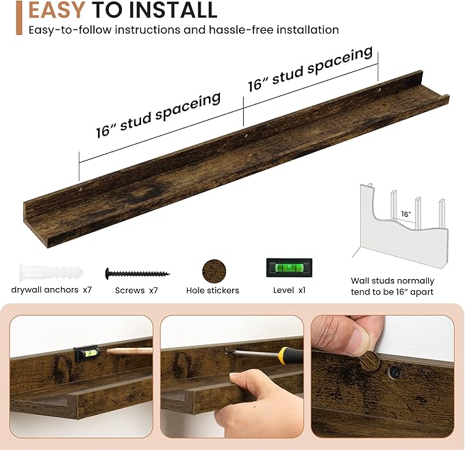 Dreamland Picture Ledge Shelf for Wall, Floating Shelves Set of 2,48 inch Long Floating Shelves with Lip for Living Room,Bedroom,Bathroom,Kitchen,Rustic Brown