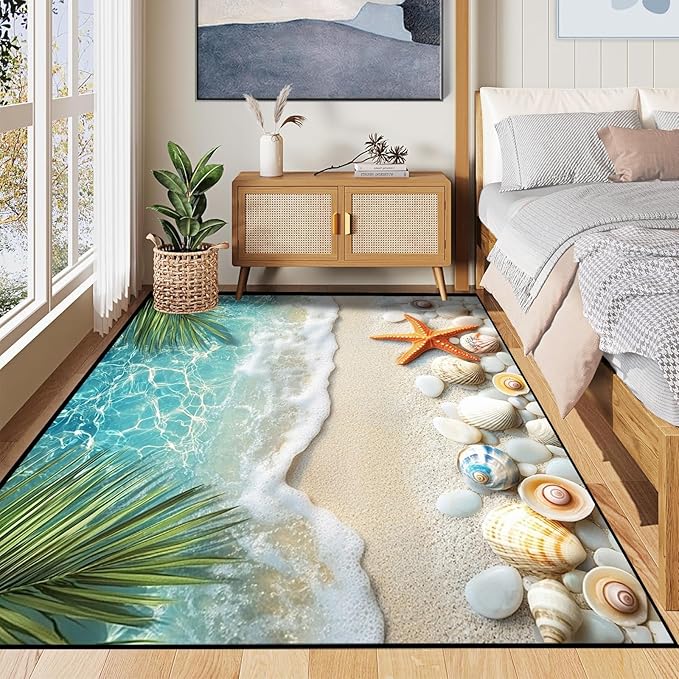 3'x5' Beach Rug Starfish Seashell Area Rugs for Entryway Bedroom Living Room Kitchen Home Decor Ocean Sea Wave Carpt 3D Non Slip Washable Throw Rug Coastal Seaside Floor Mat