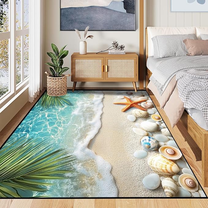 5'x7' Beach Rug Starfish Seashell Area Rugs for Bedroom Living Room Kitchen Nursery Playroom Home Decor Ocean Sea Wave Carpt 3D Non Slip Washable Throw Rug Coastal Seaside Floor Mat