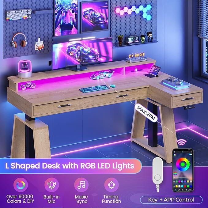 SEDETA 59 Inch L Shaped Electric Standing Desk with Drawers, Executive Adjustable Desk with Power Outlets, Monitor Stand, Sit Stand Computer Table for Home Office, Oak