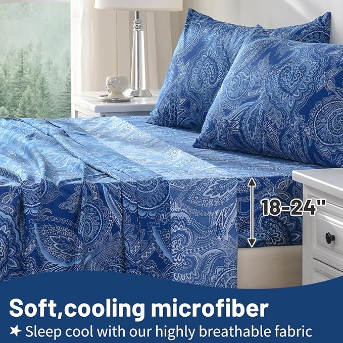 Bedlifes Queen Size Extra Deep Pocket Sheet Sets - Fits Mattresses Up to 18-24" Thick, 4-Piece Microfiber Set with 1800 Thread Count, Soft, Smooth, Breathable, Featuring Paisley Dark Navy Blue