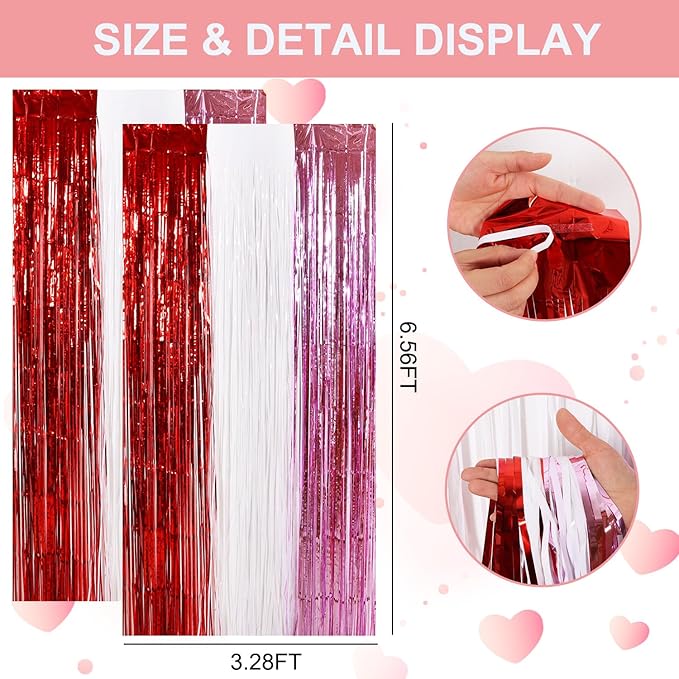 TONIFUL Valentine's Day Door Streamers,Red Pink and White Photo Booth Backdrop Metallic Streamers Foil Fringe Curtain for Birthday Valentine's Day Bridal Shower Engagement Party Decoration