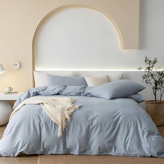 JIYUAN 100% Washed Cotton Duvet Cover Set 3 Pieces Queen, 1 Duvet Cover 90x90 Inches(Comforter Not Included) and 2 Pillowcases,Linen Feel Bedding Set Comfy and Breathable, Heathered Light Blue