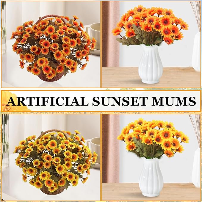 Artificial Mums, Artificial Sunset Mums, Artificial Outdoor Sunset Mum-s Flowers - UV Resistant, Waterproof, Windproof, Reflecting Autumn Vibe (Orange - 10 Bundles)