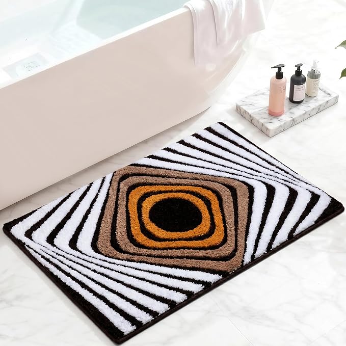 Microfiber Funky Bath Mat, Non Slip Absorbent High Pile Tufted Bath Rug with 3D Striped Pattern, Small Shower Rug for Bathroom Sink, Toilet, Tub, Machine Washable, 16"x24", Brown