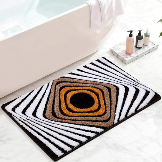 Microfiber Funky Bath Mat, Non Slip Absorbent High Pile Tufted Bath Rug with 3D Striped Pattern, Small Shower Rug for Bathroom Sink, Toilet, Tub, Machine Washable, 16"x24", Brown