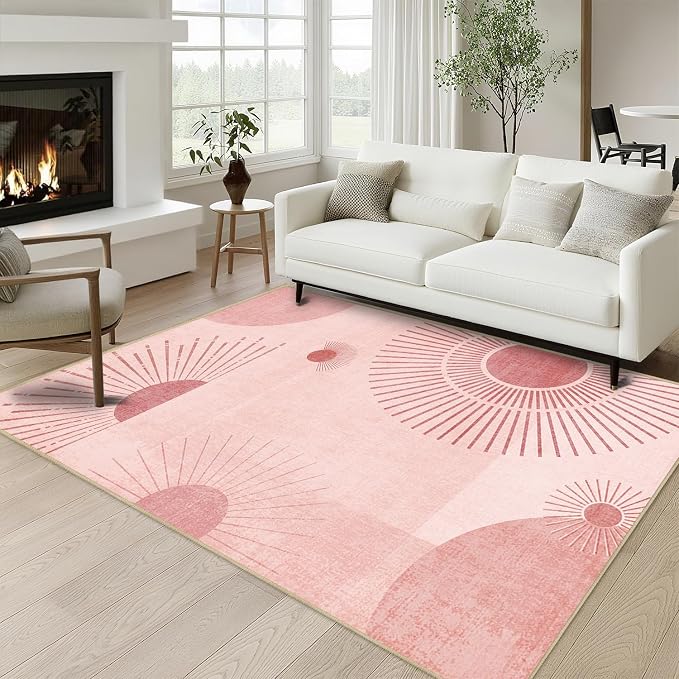 Sun Large Area Rug 4x6 for Living Room Mid Century Modern Rugs Machine Washable Boho Geometric Rug Non Slip Printed Low Pile Indoor Floor Carpet for Dining Room Bedroom Office,Pink