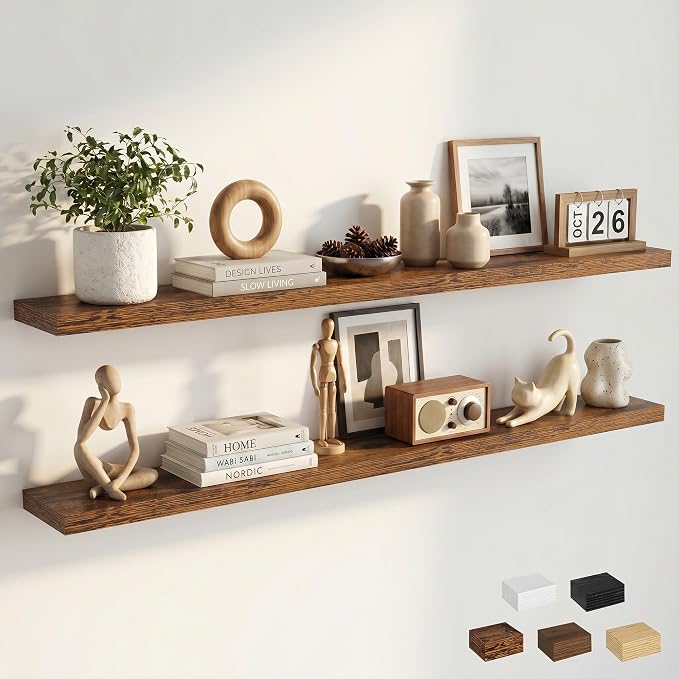 Dreamland Floating Shelves for Wall, Rustic Brown Floating Shelves for Bathroom|Bedroom|Kitchen, Deep Wall Mounted Book Shelf, Wood Storage Display Shelf for Home Decor, Set of 2