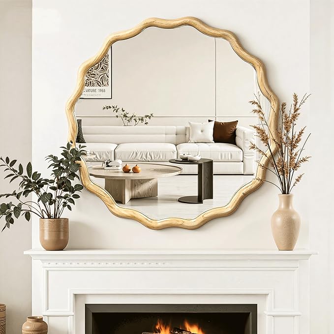 Circle Wood Mirrors for Wall, Wavy Round Bathroom Scalloped Mirror Wooden Frame 28 Inch for Living Room Farmhouse Bedroom Hallway Entryway Living Room with Shatterproof Glass Wall Mounted