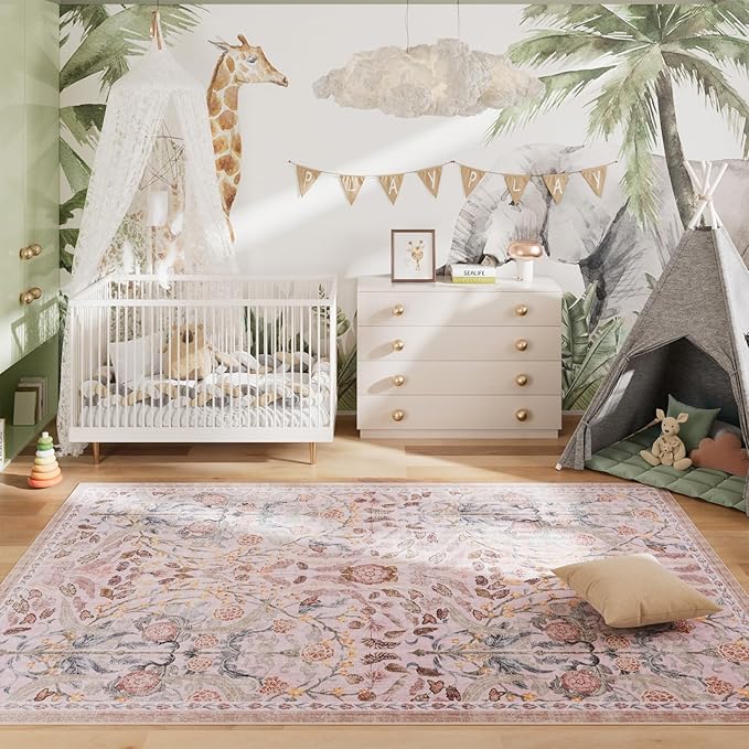 AMTOVO 5x7 Washable Area Rugs for Living Room, Vintage Boho Floral Distressed Print Non-Slip Carpet, Soft Colorful Accent Rug for Bedroom Girls Room Indoor Nursery Dining Room Playroom Farmhouse, Pink