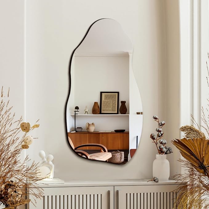 TRAHOME 32'' x 18'' Irregular Asymmetrical Wall Mirror for Living Room Bathroom Entryway, Modern Decorative Mirror Hanging