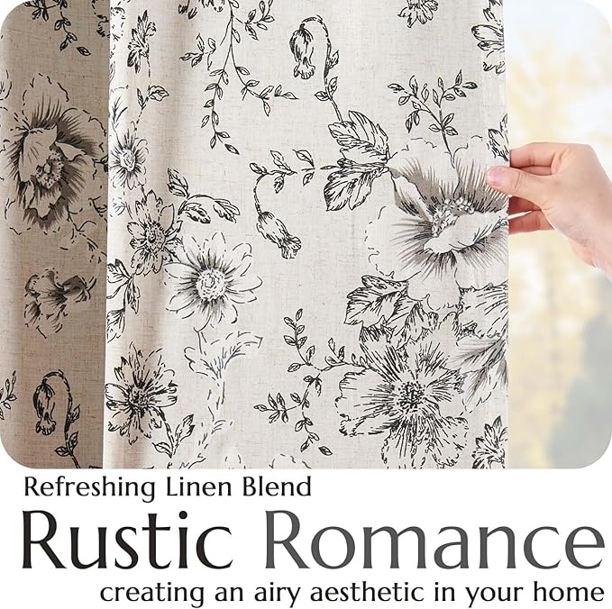 jinchan Blackout Linen Blend Curtain Floral Blackout Curtains for Living Room 120 Inch Length Black Printed with Lined Blackout Curtain for Bedroom Farmhouse Curtains Set 2 Panels