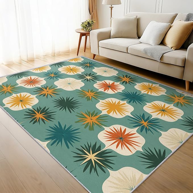Mid Century Modern Rugs for Living Room Decor, 5x8 ft, Retro Geometric Flower Area Rugs for Bedroom, Soft Non Slip Washable 70s MCM Atomic Carpet Home Decorations D-g48