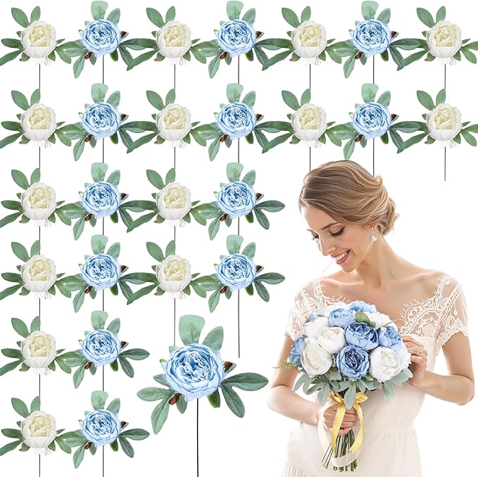Zeyune 50Pcs Wedding Artificial Peonies 4 Inch Fake Silk Peony Faux Artificial Valentine Flower Bulk Rose Flower Head for Valentine Decoration Vintage Wedding Home Office(Blue and White)