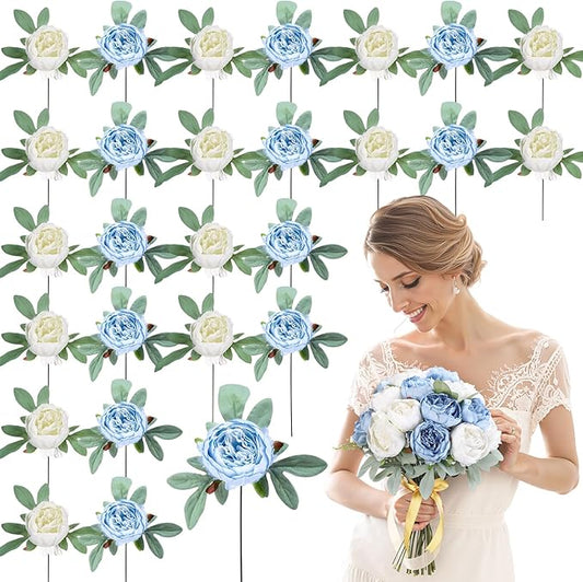 Zeyune 50Pcs Wedding Artificial Peonies 4 Inch Fake Silk Peony Faux Artificial Valentine Flower Bulk Rose Flower Head for Valentine Decoration Vintage Wedding Home Office(Blue and White)