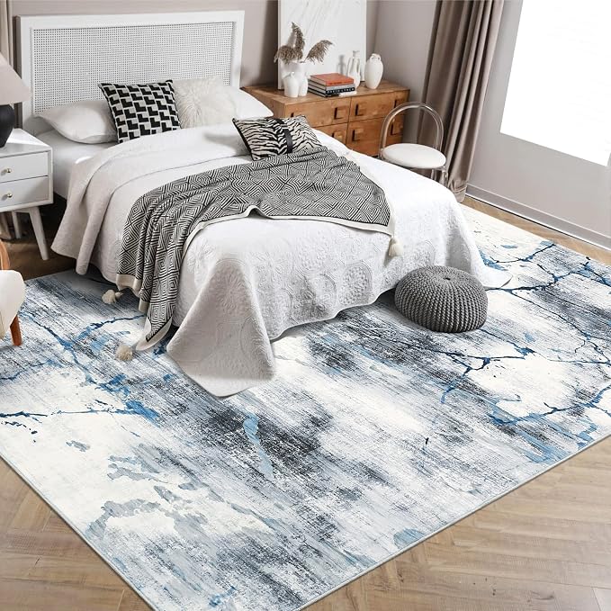Washable Area Rugs 9x12 Living Room Rugs Soft Bedroom Large Indoor Carpet Abstract Neutral Dining Room Rug Non-Slip Stain Resistant Thin Foldable Floor Carpet for Playroom Nursery, Blue