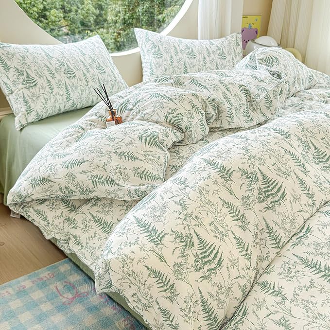 LifeTB Muslin Duvet Cover Queen Size 100% Cotton Botanical Floral Comforter Cover Ultra Soft Cottagecore Bedding Set Lightweight Linen Feel Textured Breathable Gauze Duvet Cover with 2 Pillowcases