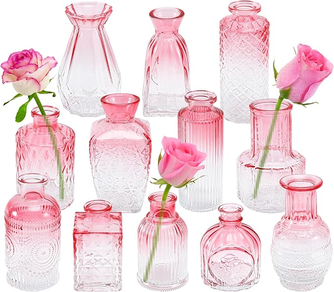 Glass Bud Vases Set of 12,Pink Bud Vases in Bulk,Small Flower Vase for Centerpiece,Mini Vintage Vase for Wedding Home Room Office Table Decor(Pink)