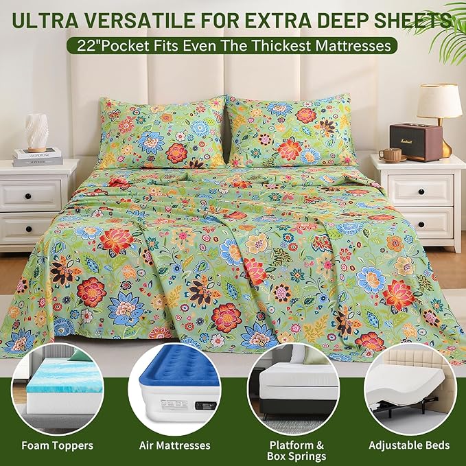 Bedlifes Extra Deep Pocket 18-24" Queen 4-Piece Sheet Set - Cooling Sheets Blend Rayon Derived from Bamboo Soft & Breathable Floral Sage Green