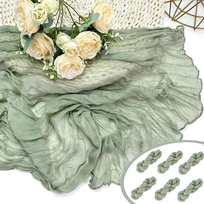 Booque Valley 6 Pack Sage Green Cheesecloth Table Runner 10ft Super Soft Boho Wrinkled Gauze Sheer Cloth for Baby Shower Baptism Birthday Party Wedding Centerpiece Table Decoration, 35x120 Inch