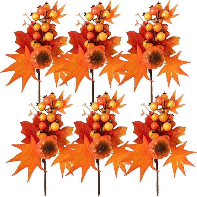 6 Pack Fall Stems Artificial Berry Picks Fall Picks with Pumpkin Maple Leaves Branches Decorations for Harvest Autumn Thanksgiving Day Flower Arrangements Wreaths Indoor Outdoor Home Decor