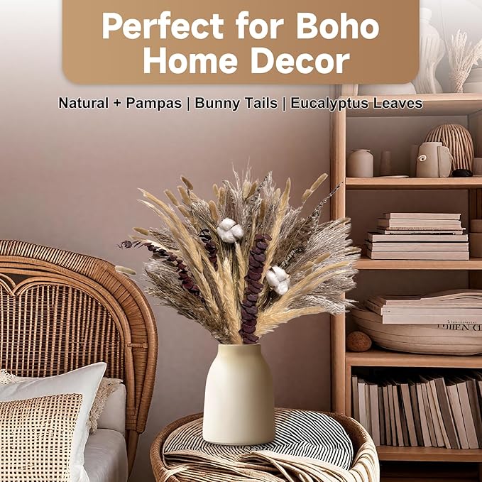 Pampas Grass Boho Home Decor 80PCS 17 inch Natural Dried Flowers for Vase Eucalyptus Stems Pompas Dried Flowers Bouquet DIY Arrangements Boho Wedding Bedroom Tables Rustic Decoration