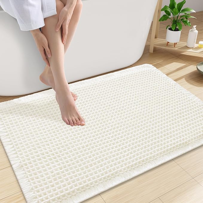 Smiry Waffle Bath Mat 30x20, Extra Soft Absorbent Bathroom Rugs, Non Slip Machine Washable Quick Dry Bath Rugs for Bathroom Floor, Tub, Shower, Home Decor Accessories, Cream
