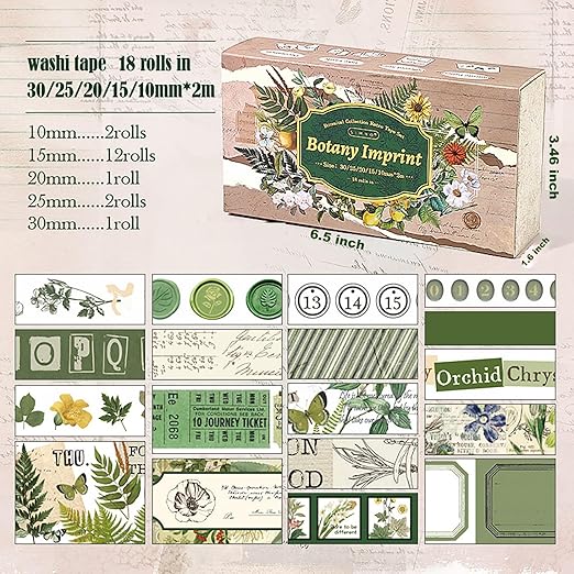 Auguro 18 Rolls Botanical washi Tape Set for Crafts and Journaling DIY Scrapbooking Supplies Flower washi Tape for Scrapbooking Decorating Tape