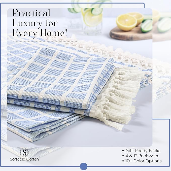 Matrix Dobby Kitchen Towels Set of 12, 100% Cotton, Combo Pack, 16"x26", Absorbent Tea Towels with Handmade Tassels, Reusable Cleaning Cloths - Orange, Mint Green, Sky Blue