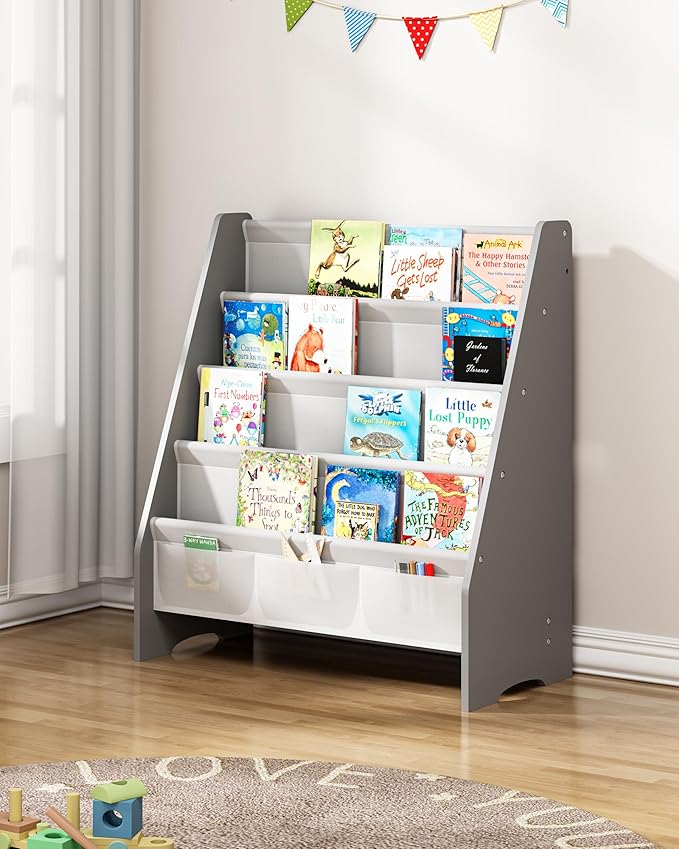 SEIRIONE Sturdy Kids Bookshelf,4-Tier Book Shelf for Kids Room with Tear-Proof Oxford Fabric-Nursery Room Playroom Classroom,Deep Slings to Keep Books Upright,Ideal Height for Toddler Age 3+, Grey