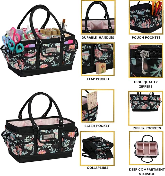 Everything Mary Deluxe Store & Tote Organizer – Black & Floral Craft Bag with Handle – Sewing, Scrapbooking & Art Supply Caddy – Stylish Storage for DIY Projects