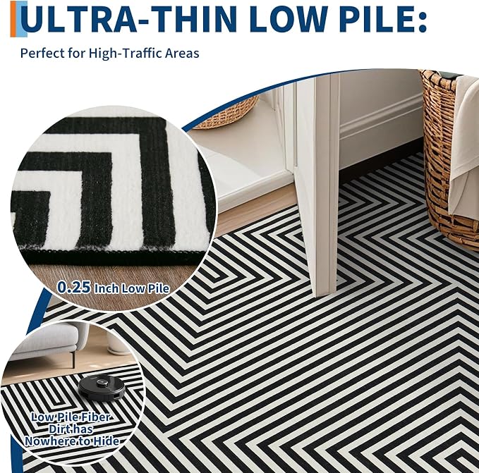 Washable Modern Lines Large Rug 10x13 for Living Room Modern Geometric Rugs Low Pile Soft Bedroom Carpet Thin Foldable Abstract Floor Carpet for Dining Kids Room Playroom, Black